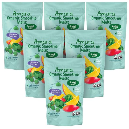 Picture of Amara Smoothie Melts - Mighty Sweet Greens - Baby Snacks Made With Fruits and Vegetables - Healthy Toddler Snacks For Your Kids Lunch Box - Organic Plant Based Yogurt Melts - 6 Resealable Bags