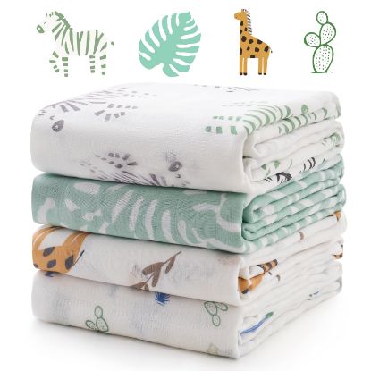 Picture of Momcozy Muslin Best Wishes Swaddle Blankets, Ultra Soft Neutral Registry Essentials, Jungle Trails & Wild Pals, Breathable Large 47'' x 47'' Newborn Boys Girls Receiving Blanket