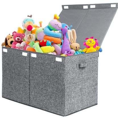 Picture of popoly 122L Large Toy Chest Box with Lid, Foldable Toy Storage Organizer Bin Boxes with Removable Divider for Kids, Boys, Girls, Nursery, Playroom, 26"x17" x17"(Linen Gray)