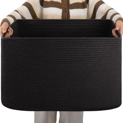 Picture of OIAHOMY XXLarge Rectangle Blanket Basket-96L, Cotton Woven Basket for Storage, Dirty Clothes Baskets for Living Room, Nursery, Bedroom, Toy Organizing with Handle, 24" x 16" x 15", Charcoal Black