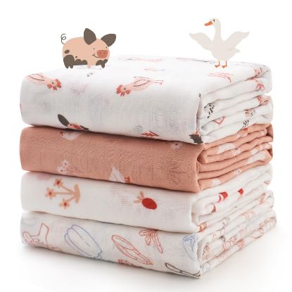 Picture of Momcozy Muslin Best Wishes Swaddle Blankets, Ultra Soft Neutral Registry Essentials, Pasture Pals & Pumpkin Dreams, Breathable Large 47'' x 47'' Newborn Boys Girls Receiving Blanket