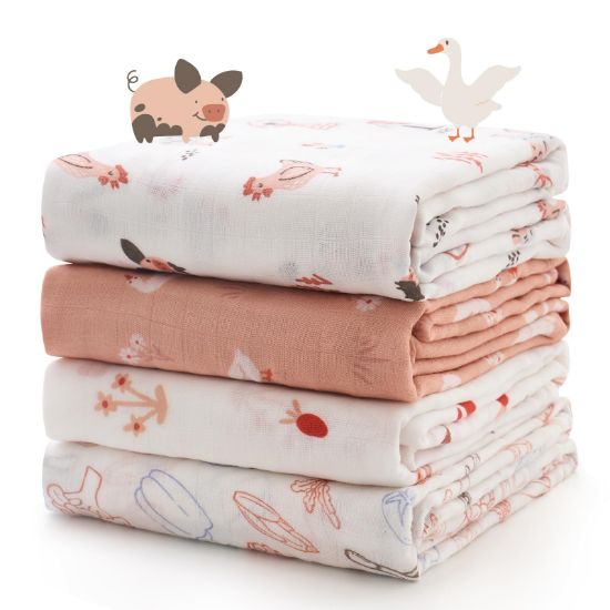 Picture of Momcozy Muslin Best Wishes Swaddle Blankets, Ultra Soft Neutral Registry Essentials, Pasture Pals & Pumpkin Dreams, Breathable Large 47'' x 47'' Newborn Boys Girls Receiving Blanket