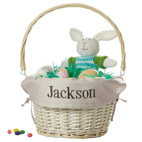 Picture of Personalization Universe Personalized Hand-Woven Willow Easter Basket with Folding Handle - First Easter, Egg Hunt, Vintage-Inspired Design, Embroidered with Any Name - Natural