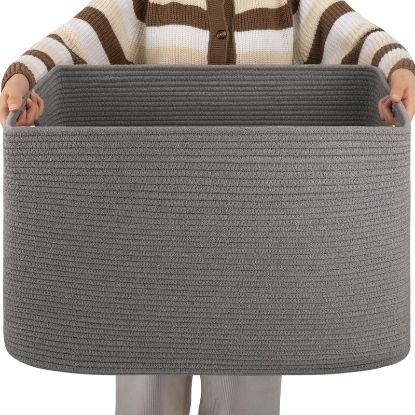 Picture of OIAHOMY XXLarge Rectangle Blanket Basket-96L, Cotton Woven Basket for Storage, Dirty Clothes Basket for Living Room, Nursery, Bedroom, Toy Organizing with Handle, 24" x 16" x 15", Dark Grey