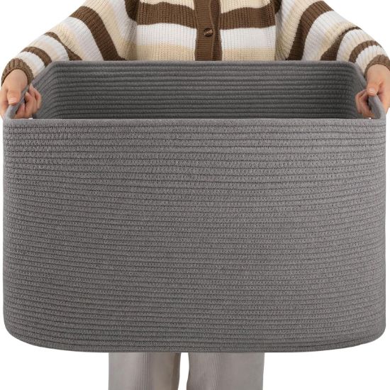 Picture of OIAHOMY XXLarge Rectangle Blanket Basket-96L, Cotton Woven Basket for Storage, Dirty Clothes Basket for Living Room, Nursery, Bedroom, Toy Organizing with Handle, 24" x 16" x 15", Dark Grey