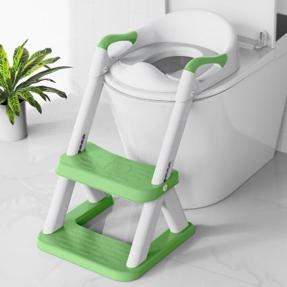 Picture of Potty seat for Toilet with Step Stool Ladder, SKYROKU New Triangular Stabilized Base Two in one Toddler Toilet Seat with Splash Guard, Anti-Slip Pad, Step Stool Green