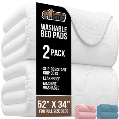 Picture of GORILLA GRIP Washable Underpads, Waterproof Reusable Heavy Absorbency Incontinence Bed Pads, Leak Proof Toddler Mattress Pad, 52x34 2 Pack, Slip Resistant for Bedwetting, Adults and Kids, White