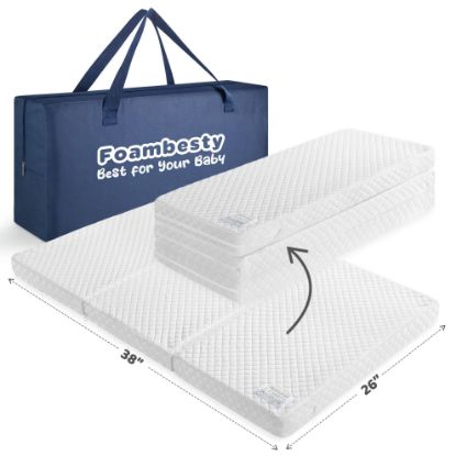 Picture of Foambesty®️ Tri-fold Pack n Play Mattress Pad, Portable Pack and Play Mattress, Dual Sided Playard Pad Playpen Foam for Baby & Toddlers, Mini Crib Mattress Nap Mat (38''x26''), Includes Carry Bag