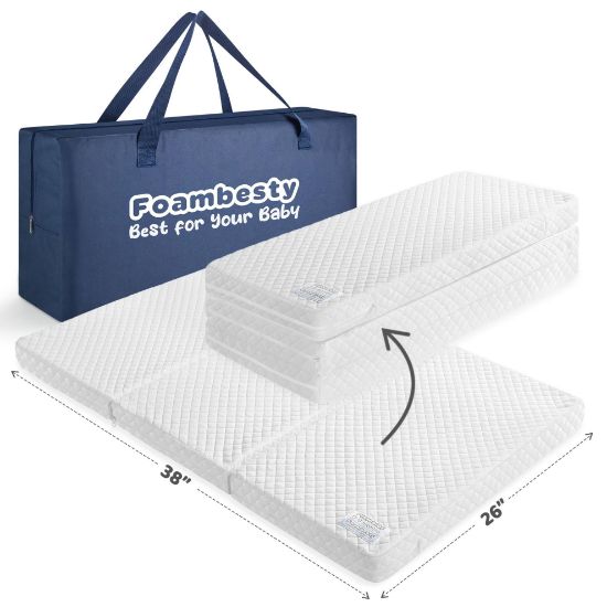 Picture of Foambesty®️ Tri-fold Pack n Play Mattress Pad, Portable Pack and Play Mattress, Dual Sided Playard Pad Playpen Foam for Baby & Toddlers, Mini Crib Mattress Nap Mat (38''x26''), Includes Carry Bag