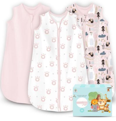 Picture of Cute Castle Baby Sleep Sack 6-12 Months - Lightweight 100% Cotton 2-Way Zipper TOG 0.5 Infant Wearable Blanket, Newborn Essentials Toddler Sleep Clothes, 3 Pack(Pink, Bear, Bear Claw)