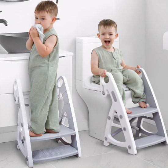 Picture of Primlect Potty Training Seat, 2-in-1 Toddler Toilet Seat with Step Stool, Ultra-Stable Potty Chair Attachment, Adjustable Seat and Step Ladder, Non-Slip Design, Splash Guard for Boys and Girls(Grey)