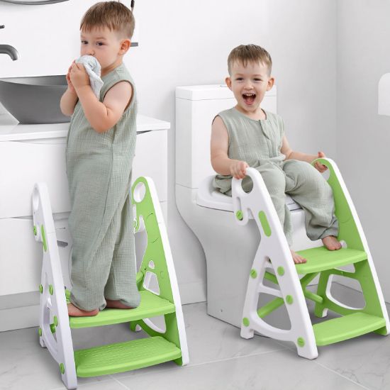 Picture of Primlect Potty Training Seat, 2-in-1 Toddler Toilet Seat with Step Stool, Ultra-Stable Potty Chair Attachment, Adjustable Seat and Step Ladder, Non-Slip Design, Splash Guard for Boys and Girls(Green)