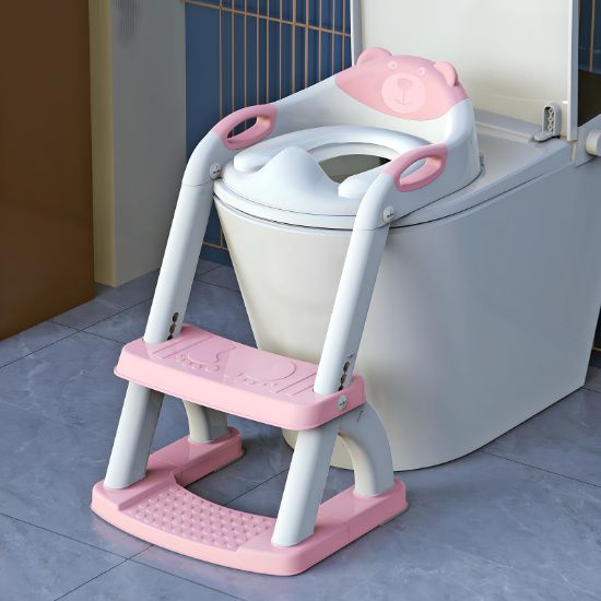Picture of SKYROKU Potty Training Toilet, New Sector-Shape Stabilized Base two in one Toddler Toilet Seat with Splash Guard, Anti Slip Pad, and Step Stool Pink