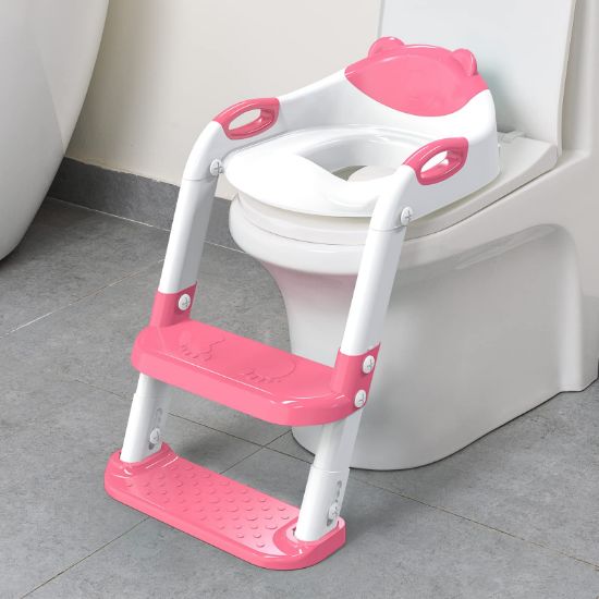 Picture of Toilet Potty Training Seat with Step Stool Ladder, SKYROKU Toddler Potty Seat for Kids and Toddler Boys Girls, Splash Guard and Safety Handles(Hot Pink)