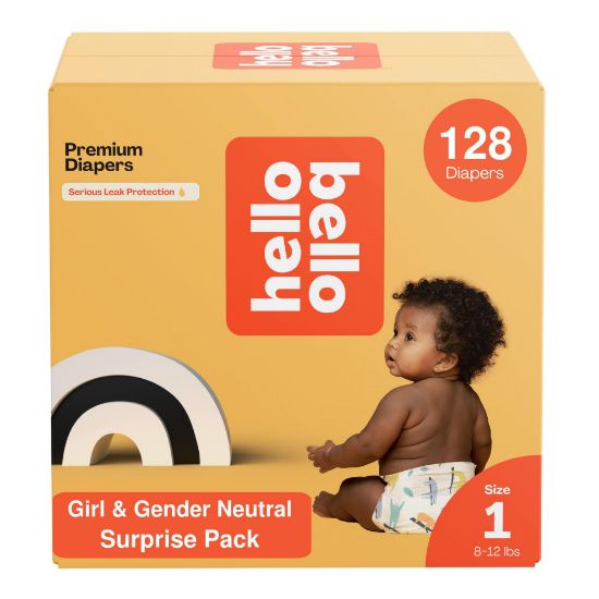Picture of Hello Bello Premium Diapers, Size 1 (8-12 lbs) Surprise Pack for Girls, 128 Count, Hypoallergenic with Soft, Cloth-Like Feel, Girl and Gender Neutral Patterns