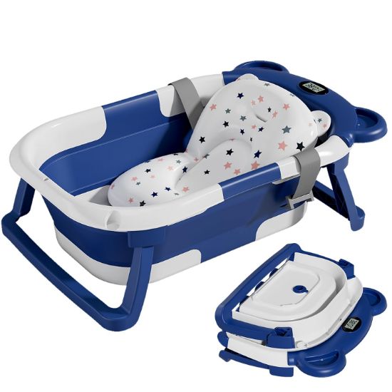 Picture of TPN Collapsible Baby Bathtub for Infants to Toddler with Real-time Temp Monitor+Floating Cushion,Foldable Baby Bath Tub Set Applicable 0-36 Month,Perfect Portable Travel Baby Tub for Newborns Boy