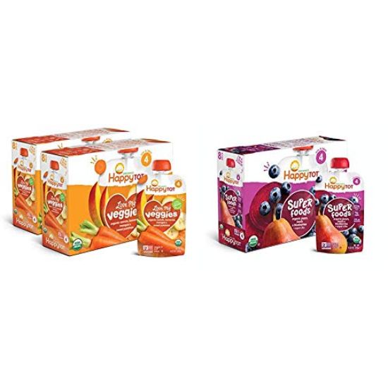 Picture of Happy Tot Organic Stage 4 Baby Food Love My Veggies Carrot Banana Mango & Sweet Potato, 4.22 Ounce (Pack of 16) & Happy Tot Organic Super Foods + Super Chia, 4.22 Ounce Pouch (Pack of 16)