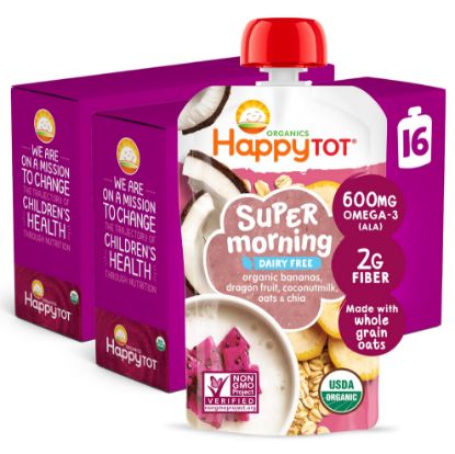 Picture of Happy Tot Organics Stage 4 Baby Food Pouches, Gluten Free, Vegan & Dairy Free Snack, Super Morning Fruit & Oat Blend, Bananas, Dragon Fruit, Coconutmilk, Oats & Chia, 4 Oz (Pack of 16)