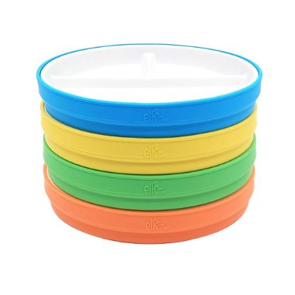 Picture of Elk and Friends Kids 7.8” Porcelain White Plates with Silicone Sleeves | Divided Plates | Suitable for Kids/Toddlers | Microwave & Dishwasher Safe | Non Slip | Snack Dishes…
