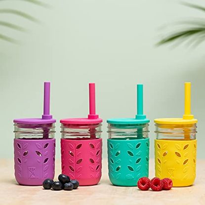 Picture of Elk and Friends Kids Cups |Toddler Cups with Silicone Lids | Silicone Straws | Glass Mason Jars 8 oz with Straws | Straw Lids | Leak Proof Regular Lids | Spill Proof Cups for Kids,