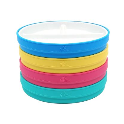 Picture of Elk and Friends Kids 7.8” Porcelain White Plates with Silicone Sleeves | Divided Plates | Suitable for Kids/Toddlers | Microwave & Dishwasher Safe | Non Slip | Snack Dishes…
