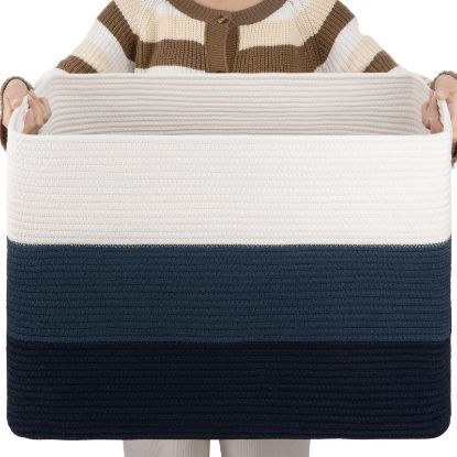 Picture of OIAHOMY 108L Large Cotton Rope Basket, Rectangle Woven Baskets for Storage, Nursery Blanket Basket Living Room, Toy Basket With Handle, Baskets for Organizing-25”x16”x16”-Gradient Blue
