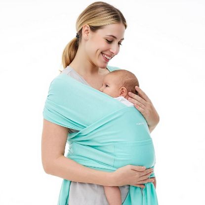 Picture of Momcozy Baby Wrap Carrier, Ergonomic Infant Slings for Newborn to Toddler 8-35 lbs, Adjustable Baby Wrap for Adult Fits Sizes XXS-XXL, Easy to Wear Baby Carriers, Lake Blue