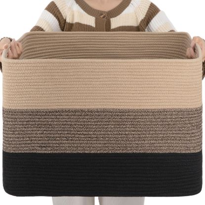 Picture of OIAHOMY 108L Large Cotton Rope Woven Rectangular Storage Basket - Handle, Organize Toys or Blankets - 25'x16'x16' - Yellow Black