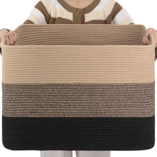 Picture of OIAHOMY 108L Large Cotton Rope Woven Rectangular Storage Basket - Handle, Organize Toys or Blankets - 25'x16'x16' - Yellow Black
