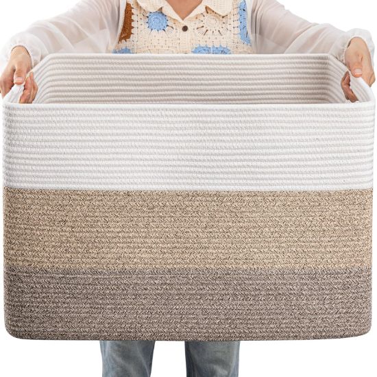 Picture of OIAHOMY 108L Large Cotton Rope Rectangle Woven Storage Basket, Nursery & Living Room, Toy Basket With Handle - 25'x16'x16' - Gradient Yellow