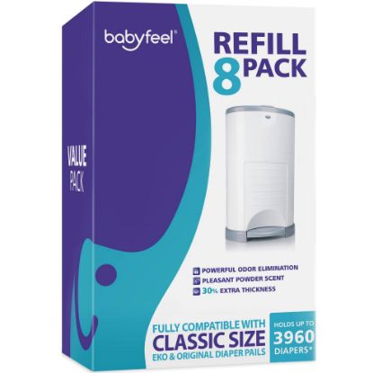 Picture of Babyfeel Refills Compatible with DEKOR CLASSIC Diaper Pails | 8 Pack | Exclusive 30% Extra Thickness | Diaper Pail Refills with Powerful Odor Elimination | Powder Scent | Holds up to 3960 Diapers