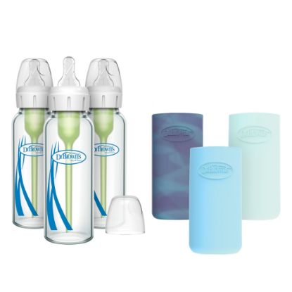 Picture of Dr. Brown's Natural Flow Anti-Colic Options+ Narrow Glass Baby Bottle, 8 oz/250 mL, with Silicone Bottle Sleeve, 3 Pack, Glow/Blue/Mint