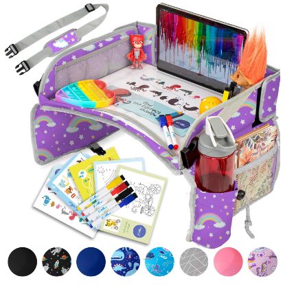 Picture of PILLANI Kids Travel Tray for Car - Car Seat Tray for Kids Travel, Road Trip Essentials Must Haves - Carseat Table Roadtrip Activities - Toddler Lap Desk Organizer for Airplane - Kids Travel Essentials