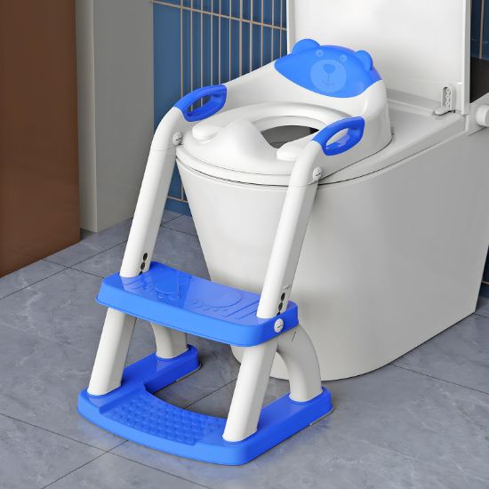Picture of SKYROKU Potty Training Toilet, New Sector-Shape Stabilized Base two in one Toddler Toilet Seat with Splash Guard, Anti Slip Pad, and Step Stool Dark Blue