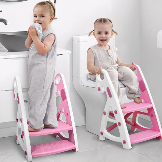 Picture of Primlect Potty Training Seat, 2-in-1 Toddler Toilet Seat with Step Stool, Ultra-Stable Potty Chair Attachment, Adjustable Seat and Step Ladder, Non-Slip Design, Splash Guard for Boys and Girls(Pink)