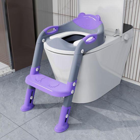 Picture of Potty Training Seat with Step Stool Ladder, SKYROKU Potty Training Toilet for Kids Boys Girls Toddlers - Comfortable Safe Potty Seat with Anti-Slip Pads Ladder Grey Purple