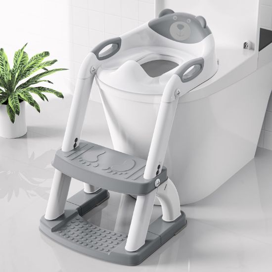 Picture of SKYROKU Potty Training Toilet, New Sector-Shape Stabilized Base two in one Toddler Toilet Seat with Splash Guard, Anti Slip Pad, and Step Stool Enamel Grey