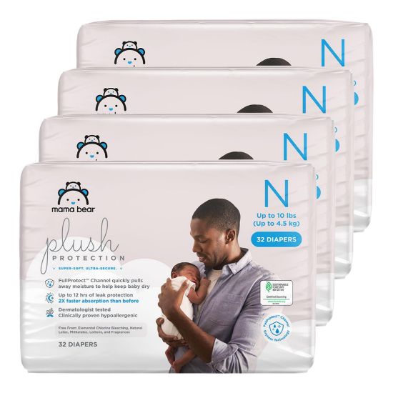 Picture of Amazon Brand - Mama Bear Plush Protection Diapers - Size Newborn, One Month Supply, Hypoallergenic Premium Disposable Baby Diapers, 128 Count (Pack of 4), White and Cloud Dreams