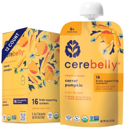 Picture of Cerebelly Organic Baby Food Pouches - Organic Veggie Purees for Toddlers | No Added Sugar, Fiber, Non-GMO | Blended Toddler Food | 4oz BPA-Free Baby Food | Carrot Pumpkin | 12 Count