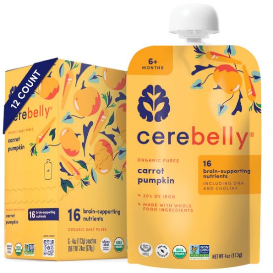 Picture of Cerebelly Organic Baby Food Pouches - Organic Veggie Purees for Toddlers | No Added Sugar, Fiber, Non-GMO | Blended Toddler Food | 4oz BPA-Free Baby Food | Carrot Pumpkin | 12 Count