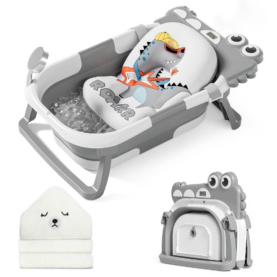 Picture of MoreFeel Collapsible Baby Bathtub for Newborn with Thermometer & 1 Hooded Towel & 1 Soft Floating Cushion,Portable Travel Bathtub with Drain Hole, Durable Foldable Baby Tubs for Infants to Toddler