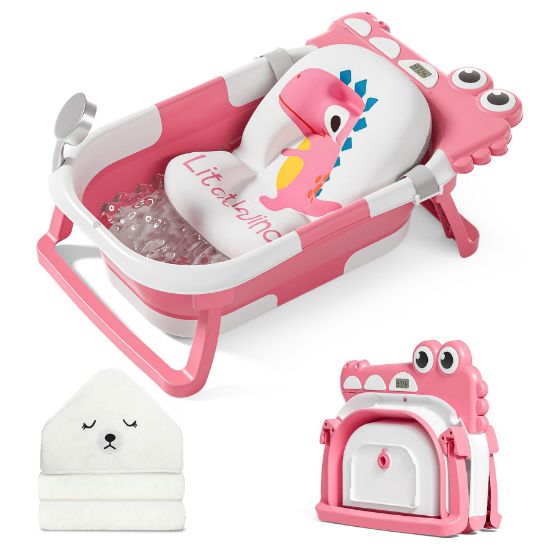 Picture of MoreFeel Collapsible Baby Bathtub for Newborn with Thermometer & 1 Hooded Towel & 1 Soft Floating Cushion,Portable Travel Bathtub with Drain Hole, Durable Foldable Baby Tubs for Infants to Toddler