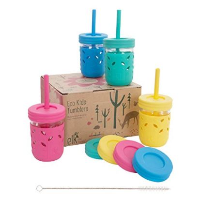 Picture of Elk and Friends Kids & Toddler Cups | The Original Glass Mason jars 8 oz with Silicone Sleeves & Silicone Straws with Stoppers | Smoothie Cups | Spill Proof Sippy Cups for Toddlers