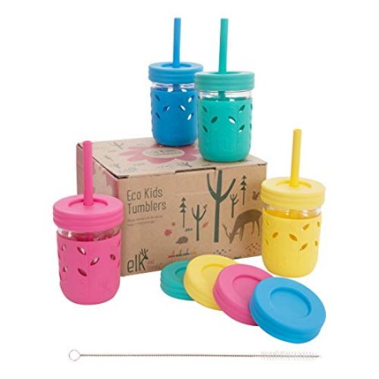 Picture of Elk and Friends Kids & Toddler Cups | The Original Glass Mason jars 8 oz with Silicone Sleeves & Silicone Straws with Stoppers | Smoothie Cups | Spill Proof Sippy Cups for Toddlers