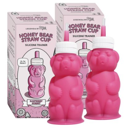 Picture of Legendairy Milk Honey Bear Straw Cup Silicone for Babies (Pink), 8 oz. Dishwasher Safe Baby Straw Cup, Food Grade Silicone, Honeybear Sippy Cup for Ages 4+ Months (Pack of 2)