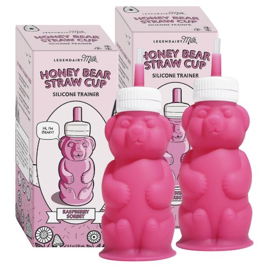 Picture of Legendairy Milk Honey Bear Straw Cup Silicone for Babies (Pink), 8 oz. Dishwasher Safe Baby Straw Cup, Food Grade Silicone, Honeybear Sippy Cup for Ages 4+ Months (Pack of 2)