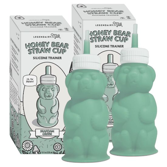 Picture of Legendairy Milk Honey Bear Straw Cup Silicone for Babies (Green), 8 oz. Dishwasher Safe Baby Straw Cup, Food Grade Silicone, Honeybear Sippy Cup for Ages 4+ Months, Trainer Straw Cup (Pack of 2)