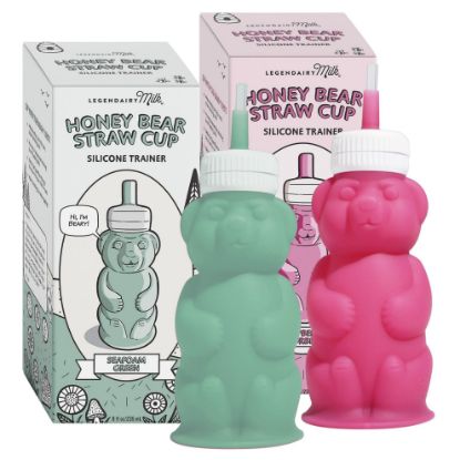 Picture of Legendairy Milk Honey Bear Straw Cup Silicone for Babies (Green/Raspberry), 8 oz. Dishwasher Safe Baby Straw Cup, Food Grade Silicone, Honeybear Sippy Cup for Ages 4+ Months (Pack of 2)