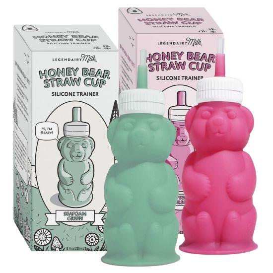 Picture of Legendairy Milk Honey Bear Straw Cup Silicone for Babies (Green/Raspberry), 8 oz. Dishwasher Safe Baby Straw Cup, Food Grade Silicone, Honeybear Sippy Cup for Ages 4+ Months (Pack of 2)