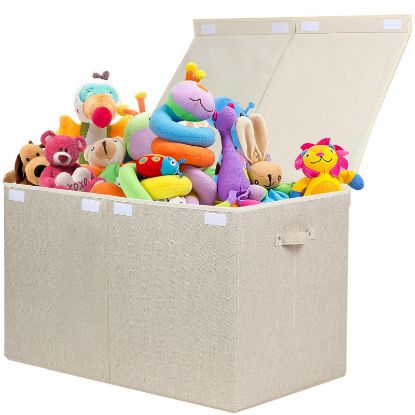 Picture of popoly 122L Large Toy Box Chest with Lid, Foldable Toy Storage Organizer Bin Boxes with Removable Divider for Kids, Boys, Girls, Nursery, Playroom, 26"x17" x17" (Linen Beige)